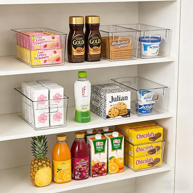 4 PCS Clear Plastic Storage Bins, Mixed Size (2 Large + 2 M) Pantry Organizer Containers with Easy-Grip Handles for Refrigerator, Kitchen, Cabinets, Countertops & Home Organization
