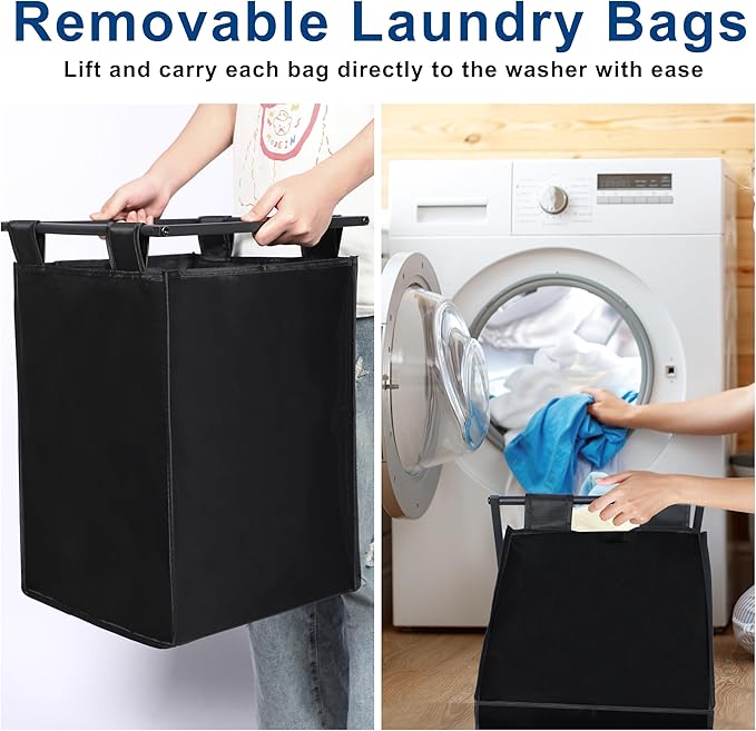 Whitmor Laundry Sorter, 92L Laundry Hamper with Shelf & 2 Removable Bags, 2 x 12.1 Gallons (46L), 28.8 x 13 x 28.4 Inches, Dirty Clothes Hamper Organizer for Laundry Room, Bathroom, Dorm, Black