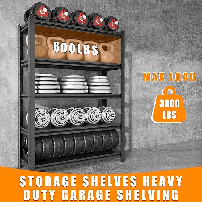 78''H Garage Shelving Heavy Duty Garage Storage Shelves, 3000 LBS Adjustable 5 Tier Industrial Shelving Unit, Metal Utility Shelf for Basement, Warehouse and Workshop (78'Hx40''Wx16"D, Black)