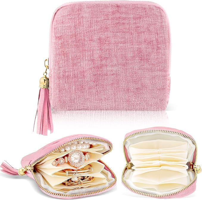 Travel Jewelry Case Small Soft Velvet Organizer Pouch Storage Bag Mini Jewelry Bag for Gemstones Bracelets Healing Crystal Earring Necklaces Pink