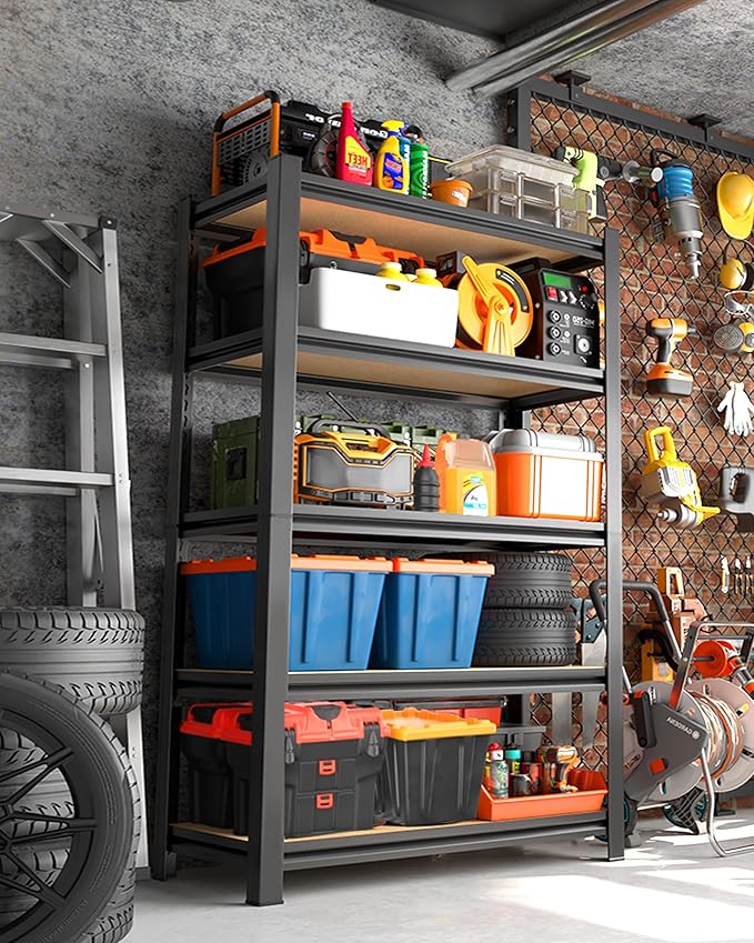 AOARGG Set of 2 Heavy Duty Garage Shelving 5T Storage Shelves, Metal Adjustable Shelving Unit, Utility Garage Organizer Shelf for Basement, Pantry, Kitchen, Warehouse, 19.7" Dx45.6 Wx77.9 H, Black