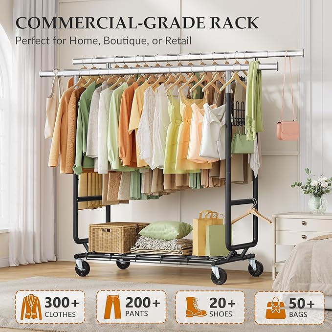Gewudraw Heavy Duty Clothes Rack Load 900 Lbs, Commercial Double Rod Rolling Clothing Rack With Sturdy Wheel And Shelves，Adjustable Portable Hanging Rack For Clothes,Black