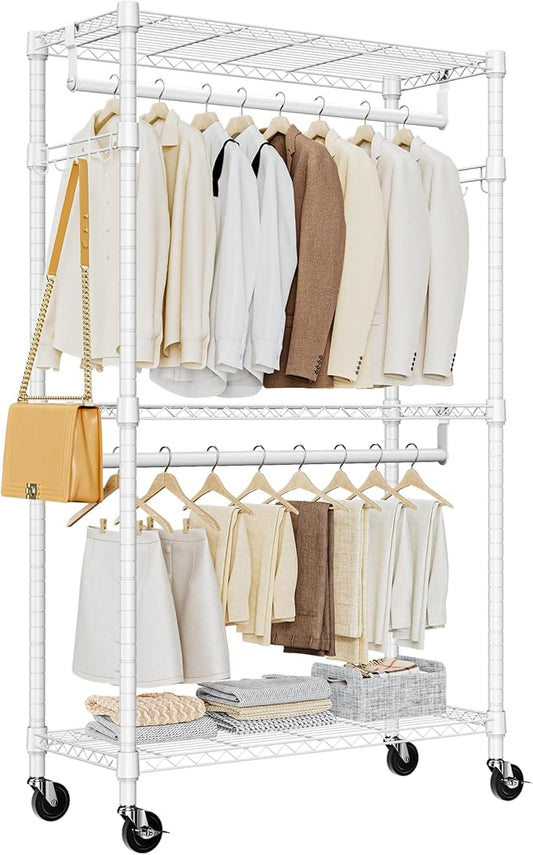 M MZG Heavy Duty Rolling Garment Rack 3 Tiers Adjustable Wire Shelving Clothes Rack with 2 Rods and Side Hooks,Storage Closet Clothing Rack with Wheels White 15.7" D x 29.5" W x 74.5" H