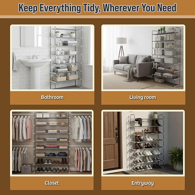 Home-Complete Shoe Rack - 8-Tier Shoe Organizer for Closet, Bathroom, Entryway - Shelf Holds 40 Pairs Sneakers, Heels, Boots (Gray)