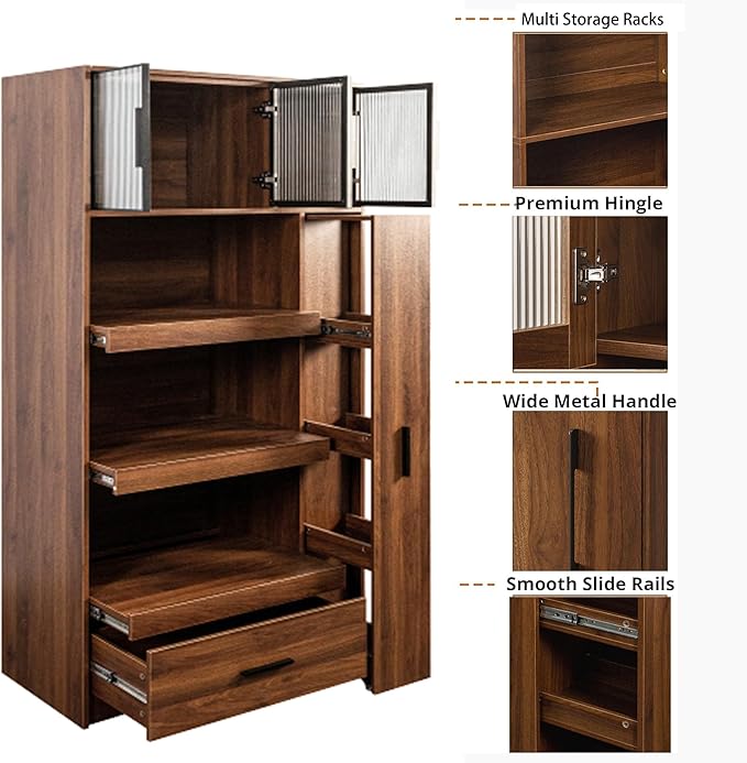 Farmhouse Kitchen Pantry Cabinet, 70.87" Tall Freestanding Cupboard with Multi-Tier Storage Rack and Microwave Stand for Kitchen, Dining Room, Dark Walnut