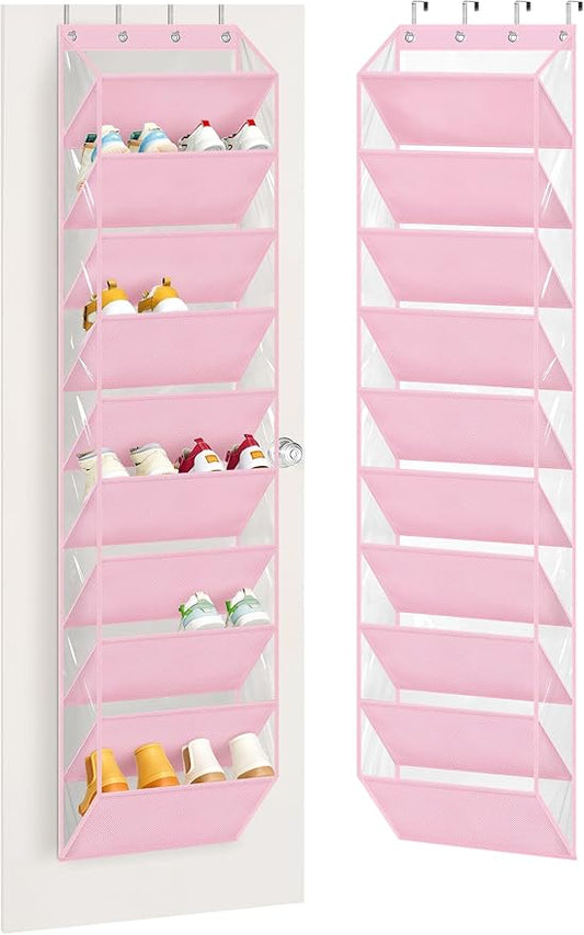 AOODA 10 Tier Clear Over the Door Shoe Organizer Storage, Deep Pockets Large Hanging Shoe Rack for Closet Door, Fit 20 Pairs Shoe Holder Hanger for Sneakers, Boots (Pink)