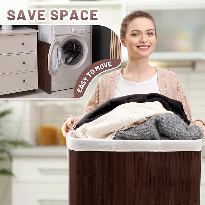 Aliphon 100L Laundry Hamper with lid, 2-Section Clothes Laundry Basket with Handles, Large Collapsible Bamboo Baskets for Bedroom, Bathroom, Dorm, Brown