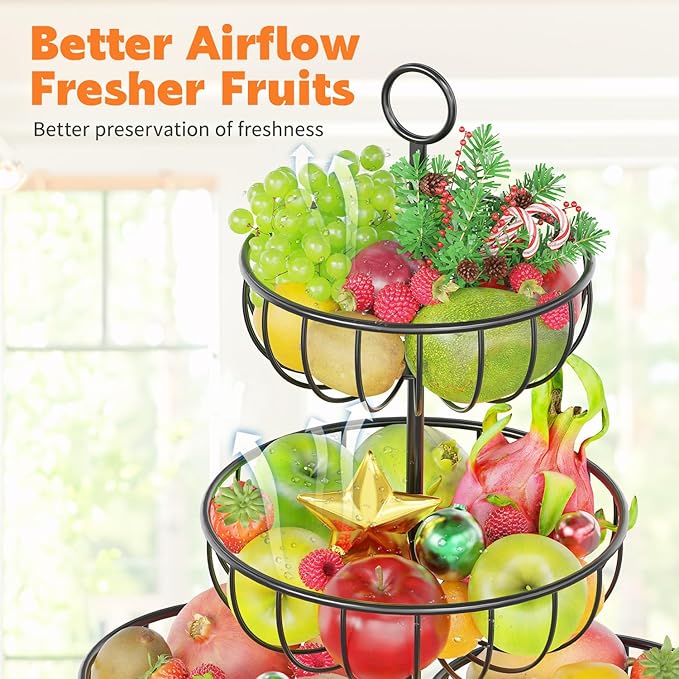 PouHenier.jh 5 Tier Fruit Basket Stand for Counter, Kitchen Tall Tiered Fruit Bowl Organizer for Dining Table Countertop, Multi Level Fresh Produce and Vegetable Holder Rack, Sturdy Metal Wire, Black