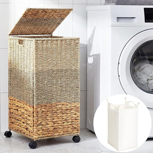 Cinnvoice 65 L Rolling Wicker Laundry Basket with Wheels Laundry Hamper with Lid Decorative Woven Hamper with Washable Removable Liner Bags and Handles for Clothes Natural Water Hyacinth, 1 Section