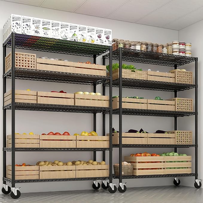 5 Tier Storage Racks Shelving, Heavy Steel Pantry Shelves, Adjustable Wire Shelving Rack with Wheels, Suitable for Garage, Kitchen, Bathroom, Office, 55" W x 24" D x 76" H, Black
