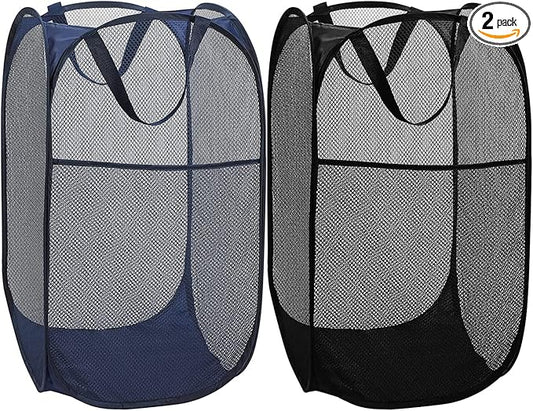 BATTOO Deluxe Strong Mesh Pop up Laundry Hamper Basket with Side Pocket Foldable Hamper for Laundry Room, Bathroom, Kids Room, College Dorm or Travel Navy + Black