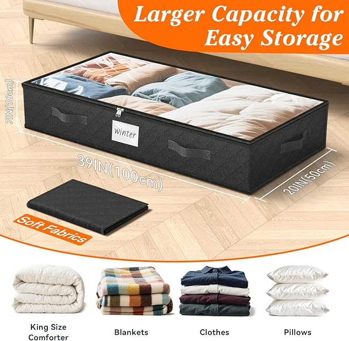 SpaceWhisper 90L Under Bed Storage Containers, 4-Pack Storage Bins with Clear Top, Foldable Closet Organizers and Storage with Label Holder for Clothing, Blankets, Comforter & Pillows(Black)