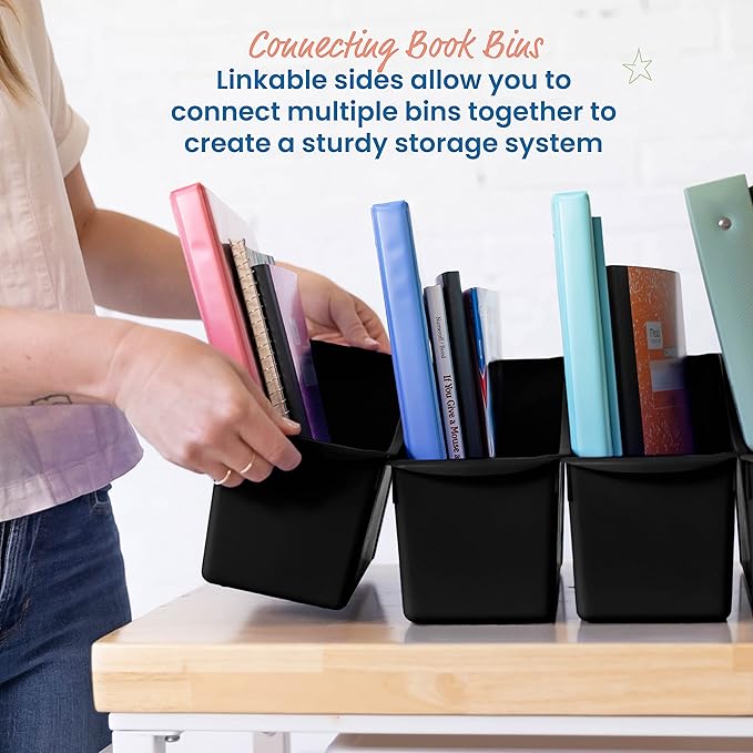 ECR4Kids Linking Plastic Storage Book Bin, Multipurpose Organization, Black, 10-Piece