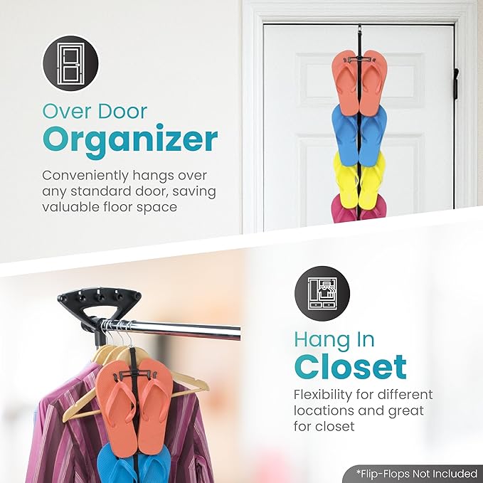 Perfect Curve Flip Flop Rack Organizer | Holds 9 Pairs | Over Door Organizer | Space Saving Shoe Rack | Adjustable Hooks | Organize Flip Flops, Crocs and Oofos | Black