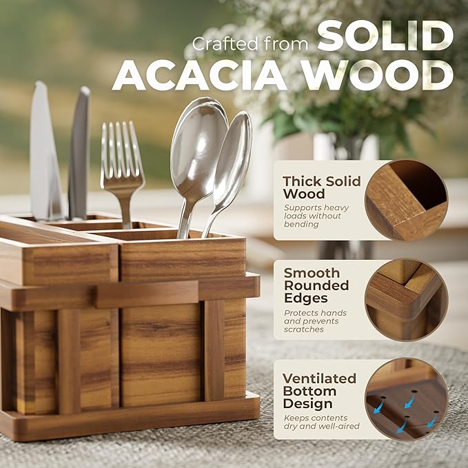 Acacia Silverware Caddy for Parties, Utensil Caddy with Paper Plate Dispenser, 4-Compartment Cutlery Flatware Organizer for Spoons, Forks, Napkins - Natural Wood Finish