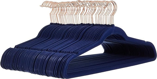 Amazon Basics Slim Velvet Non-Slip Space Saving Suit Clothes Hangers, Sturdy Construction, Navy Blue/Rose Gold, 50-Pack