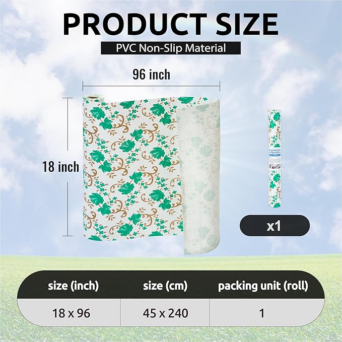 18X96 Inch Shelf Liner for Kitchen Cabinets, PVC Drawer Liner for Dresser Non-Slip Bathroom, Non-Adhesive Cabinet Liner Washable (Green Floral)(1 Roll)