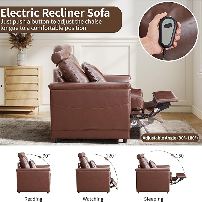 LEVNARY 2-Seater Modular Reclining Sofa with Center Console, Upholstered Faux Leather Power Recliner Loveseat with Cup Holders, USB Charging, Side Pockets & 2 Pillows, Living Room Furniture (Brown)