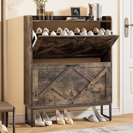 Nicetree Shoe Cabinet with 2 Flip Drawers, Freestanding Shoe Storage Cabinet with Metal Legs, Farmhouse Shoe Organizer for Entryway, Foyer, Hallway