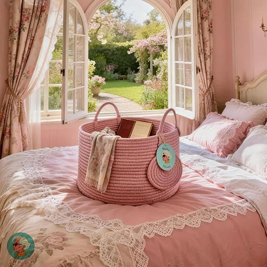 Modern Granny Small Cotton Rope Laundry Basket 16x10 Inch Dual Secure Woven Handle for Living Room Closet Clothes Blanket Organization