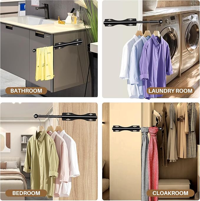 12" Valet Rod For Closet Pull Out Slide Out Adjustable Heavy Duty Valet Rod For Closet, Laundry Room, Bedroom, Bathroom(Black 2PACK)
