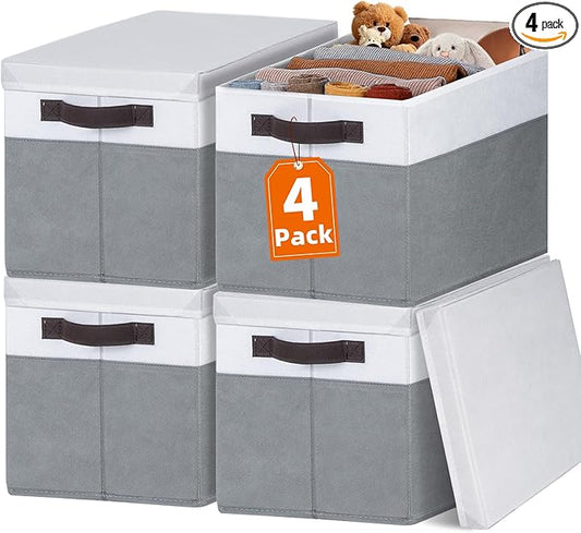Large Closet Storage Baskets Bins with Lids 4 Pack, Storage Baskets for Organizing Shelves Nursery Bedroom, Home Dorm Closet Organizers Cubes for Clothes Toys Blanket Book - Stackable -14x10x9.5