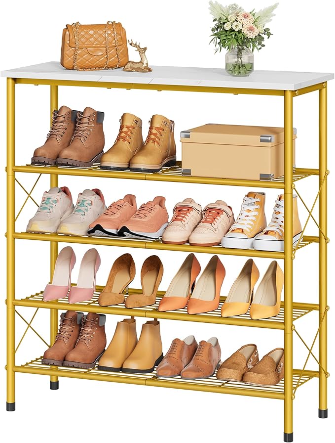 Tajsoon 5 Tier Shoe Rack Organizer for 16-20 Pairs of Shoes, Metal Mesh Shoe Shelf for Closet, Industrial Shoe Rack for Entryway Shoe Storage with X Shape Fixed Frame, White & Gold