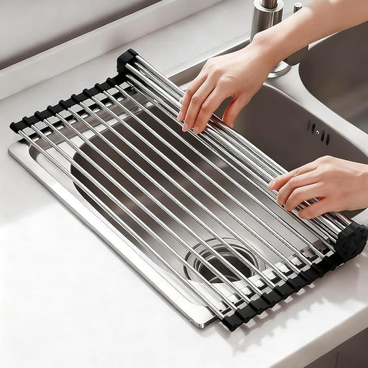 NEZUIBAN Dish Drying Rack with Roll Up and Over Sink for Kitchen,20.5"x13.8",Black
