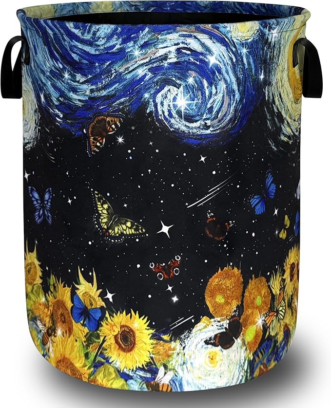 Starry Sky Sunflowers Laundry Basket Foldable Butterfly Laundry Hamper With Handle Portable Oxford Cloth Clothes Storage Basket Colorful Laundry Bag 18.9"x16.5" For Laundry Room/Bedroom/Bathrooms