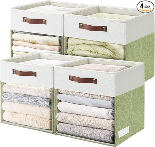 Bagnizer Storage Cubes, 4 Pack Linen Foldable Storage Bins (13 x 13 inch) with Clear Window and Handles, Fabric Organizer for Shelf Closet, Clothes, Books - (Green and White)