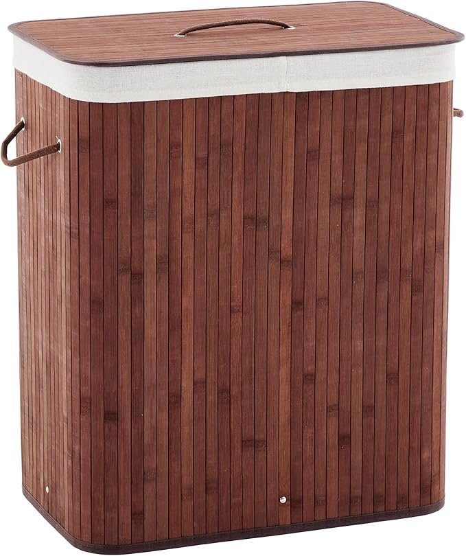 GarveeHome Folding Bamboo Laundry Hamper with Lid, 28 Gal /106L Wooden Laundry Basket with Washable Liner Bag, Slim Clothes Storage Hamper for Small Bedrooms Apartments Dorms, Brown