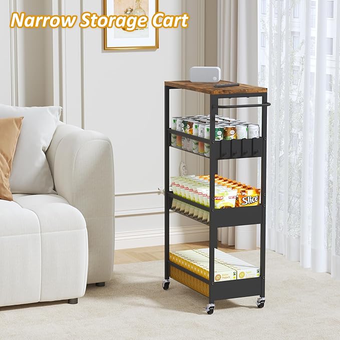 Vincona Slim Rolling Utility Cart, 4 Tier Metal Narrow Storage Cart with Handle and Wood Top, Multifunctional Small Mobile Shelf Unit Organizer Trolley for Laundry, Bathroom, Kitchen