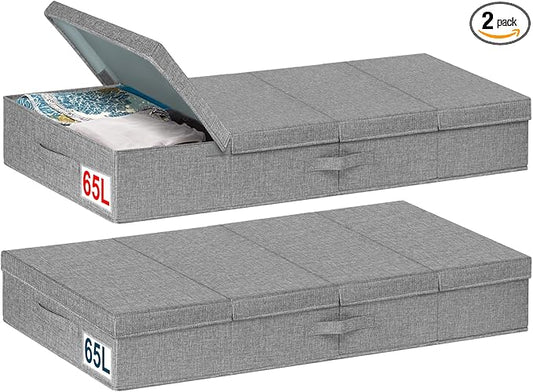 punemi Extra Large Under Bed Storage 65L, 42*16.5*5.8 in Tall underbed storage containers with Lids, Sturdy Closet Organizers and Storage Bins Bags for Blankets Comforter Sweaters Wrapping Paper 2PACK