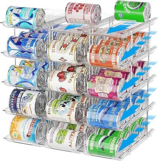 Can Organizer for Pantry Stackable 5 Tiers Can Storage Organizer Pantry Soda Can Organizer for Fridge 60 Cans Rack Automatic Rolling Canned Food Organizer for Refrigerator Kitchen Clear