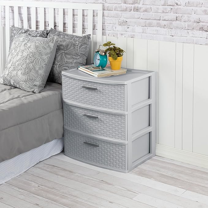 Sterilite 2 Pack 3 Drawer Wide Storage Tower, Plastic Weave Organizer, Cement - Lightweight Opaque Container for Bedrooms, Closets, or Bathrooms