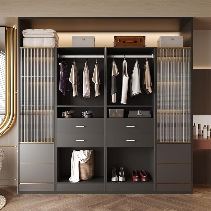 VOWNER 25'' Freestanding Closet System with Drawers & Hanging Rod, Wood Closet Organizer System, Walk-in Closet Shelving Unit, Clothes Garment Rack, Armoire Wardrobe Bedroom Entryway