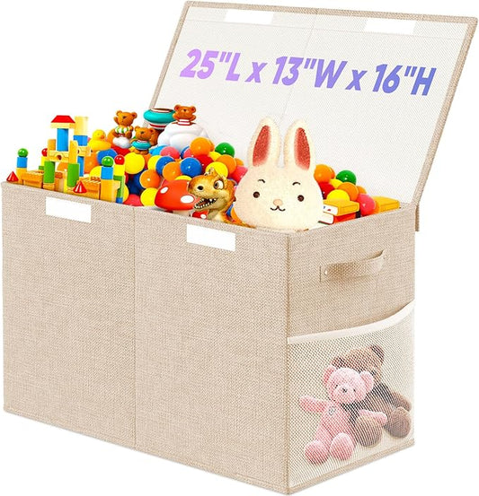 Large Toy Storage Box with Lid Divider, Sturdy Collapsible Toys Organizer Chest Kids Storage Bins Boxes Baskets for Boys, Girls, Nursery, Bedroom, Living Room, Playroom, 25"x13"x16", Beige