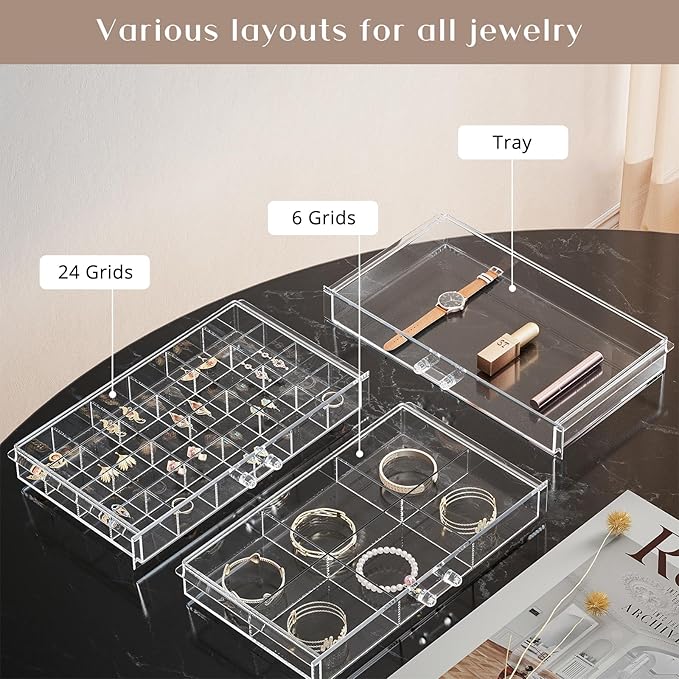 ProCase Acrylic Earrings Holder Organizer Box, Large Clear Earring Jewelry Storage Transparent Stackable Drawers Jewelry Display for Earring Ring Bracelet -Clear, 5 Layers
