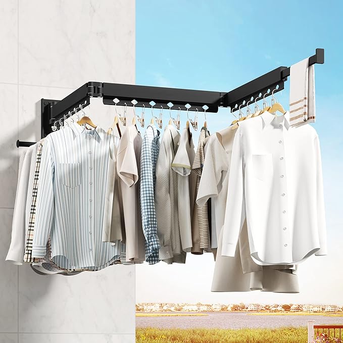 HEILAIYI Wall Mounted Clothes Hanger,Clothes Drying Rack,Laundry Drying Rack,Clothes Rack,Laundry Rack Wall Mount,Retractable Collapsible Drying Rack Clothing (Windproof Holes,with Clips),Black