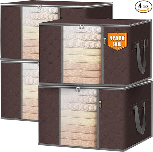 BALEINE 4 Pack Clothes Storage Bags, 24 Gallon Storage Containers with Reinforced Handle, Sturdy Zipper, Closet Organizer for Blanket, Comforter, Pillow, Bedding (Brown, 4 Pack)
