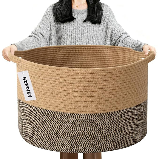 90L Extra Large Blanket Basket,Rope Woven Storage Basket with Handles, Laundry Hamper for Toys, Clothes, Pillows & Towels, Perfect for Living Room, Nursery & Bedroom,Jute&Black