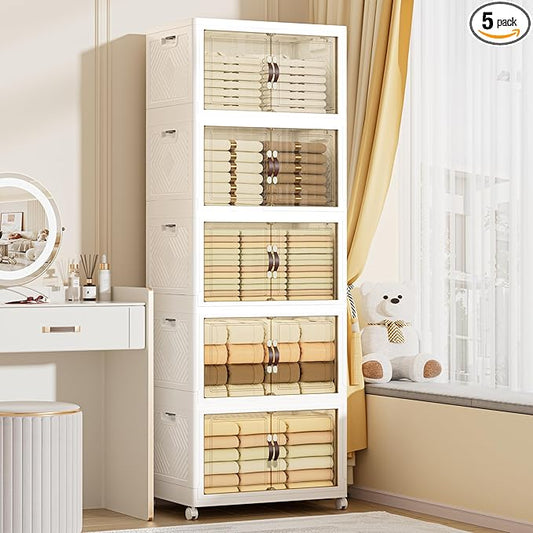 424 QT / 106 Gal Heavy Duty Double Door Storage Cabinet - Magnetic Closure, Foldable Stackable Design with Wheels & Leather Handles, Plastic Organizer for Garage/Bedroom