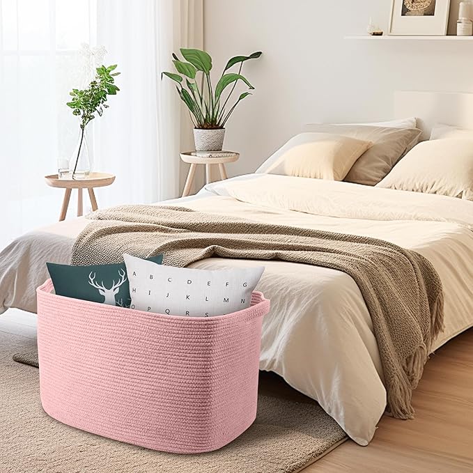 MEGASKET Extra Large Pink Storage Basket, 23.6" x 17" x 12" Rectangle Blanket Basket Living Room, Woven Cotton Rope Basket, Toy Basket Bins, Pink Baskets for Decor, Wicker Baby Laundry Basket