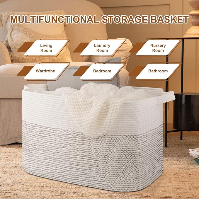 OIASKET XXXL Large Blanket Basket, 108L Storage Basket, Cotton Rope Baskets for Living Room, Toy Basket for Kids, Woven Baskets for Clothes, Towels, Pillows, 25" x 16" x 16", Black and White