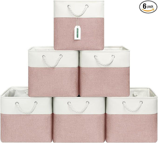 ECDYQXVU 13x13 Inch Cube Storage Bins with Reinforced Bottom Cardboard, 6 Pack Large Foldable Fabric Storage Cubes with Handles for Shelf, Closet, Laundry Organization (White&Pink)