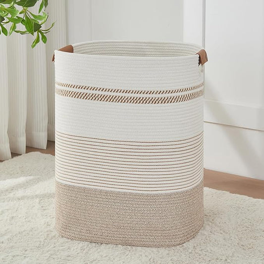 AINUOQI Laundry Basket with Handles - Blanket Basket & Hampers for Bedroom Aesthetic, Laundry Hamper & Blanket Storage for Living Room, Clothes Hamper, Tall, Large 17" x 14" x 22”, Light Brown & White