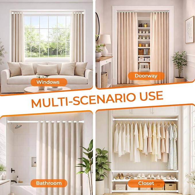 Spring Tension Curtain Rod 45 to 76 Inch 7/8" Diameter No Drilling Adjustable White Curtain Rods for Window Doorway Closet Door Kitchen Bathroom
