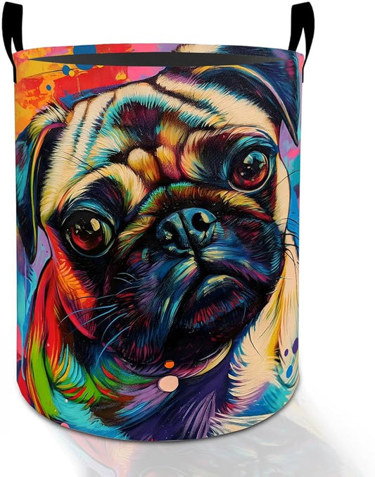 Colorful Pug Dog Laundry Basket Hamper for Boys Girls Kids Adults, Foldable Waterproof Oxford Clothes Storage Bin, Pop Art Pet Organizer for Bedroom Bathroom Room Decor 19.7"x15.8"