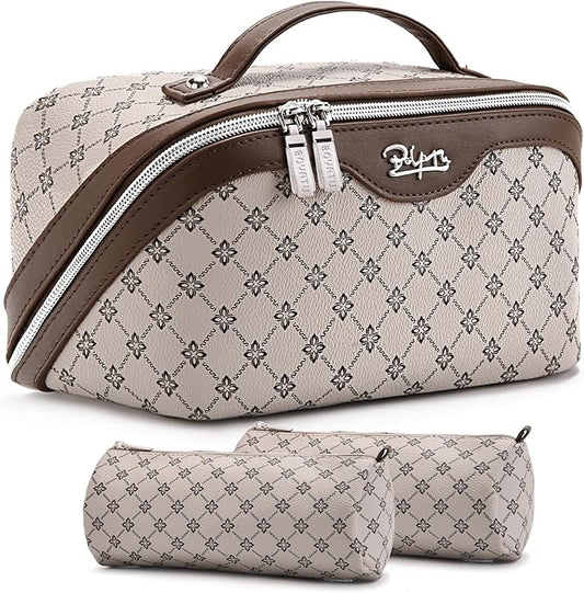 BOYATU Travel Makeup Bag Cosmetic Bags for Women: 3 Pcs Set Large Capacity Make up Bag with Handle - Vegan Leather Toiletry Bags with Compartments - Makeup Organizer for Travel Essentials(A-2-Khaki)
