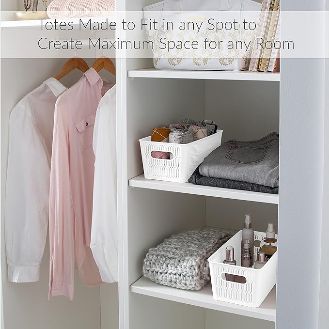 Simplify 4Pk Small Slide 2 Stack It Tote Basket | Storage & Organization | Open Bins with Stackable Capability | Bathroom | Crafts | Pantry | Playroom | Office | White